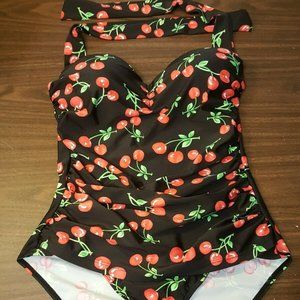 Pin up style  cherry print bathing suit